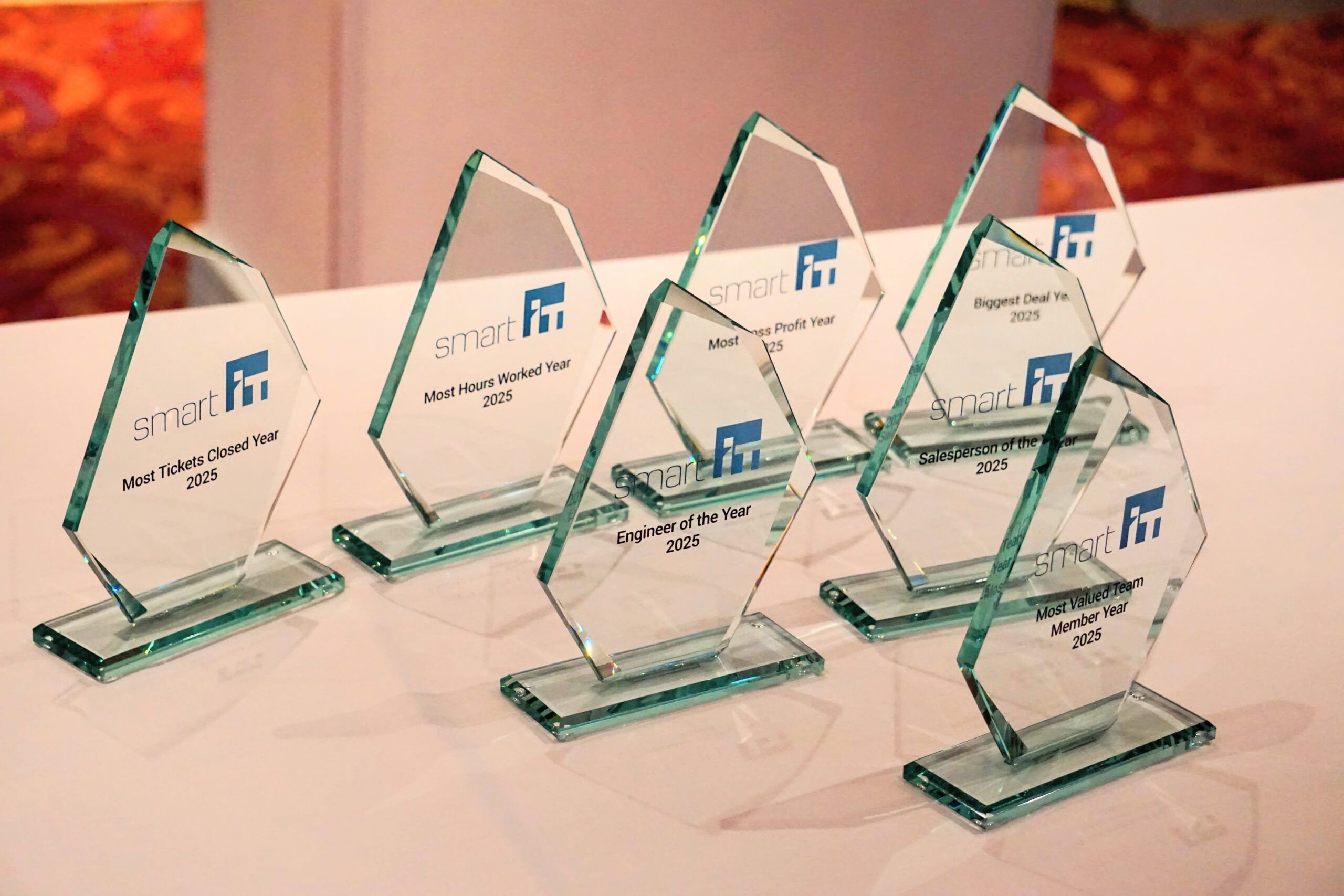 Awards arranged into formation ready to present to winners.