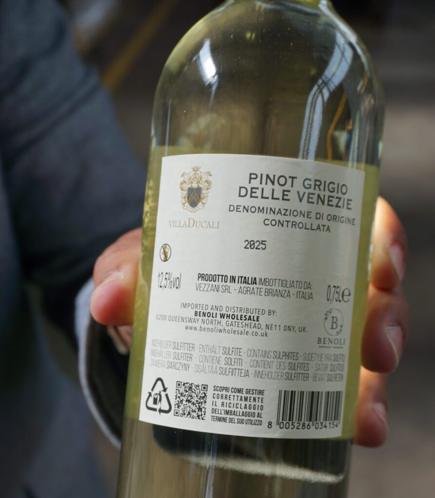 Close-up of a Pinot Grigio wine bottle label from Italy.