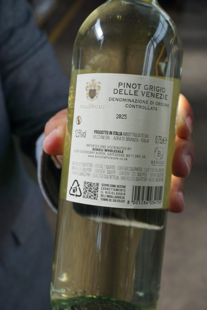 Close-up of Pinot Grigio wine bottle label from Italy.