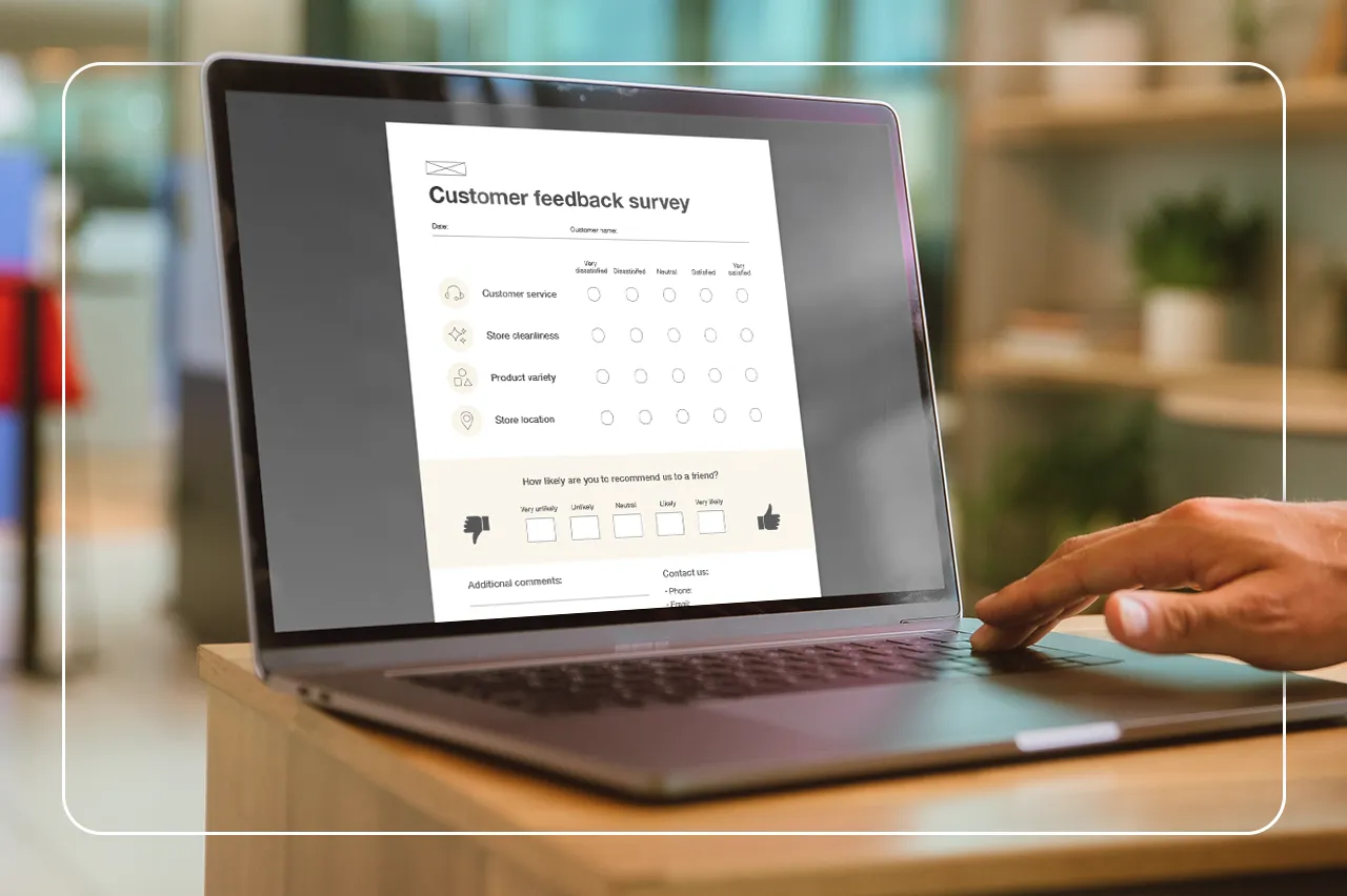 Laptop displaying customer feedback survey for service evaluation.