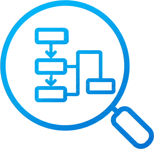 Magnifying glass over a flowchart diagram representing business processes.