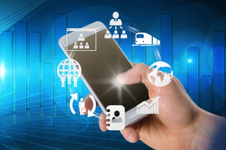 Hand holding smartphone with digital business icons and global connectivity.