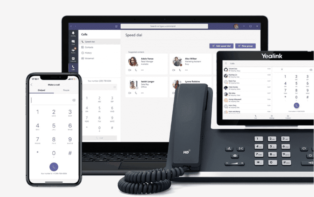 Business communication devices including phone, tablet, and laptop for telecoms and connectivity.