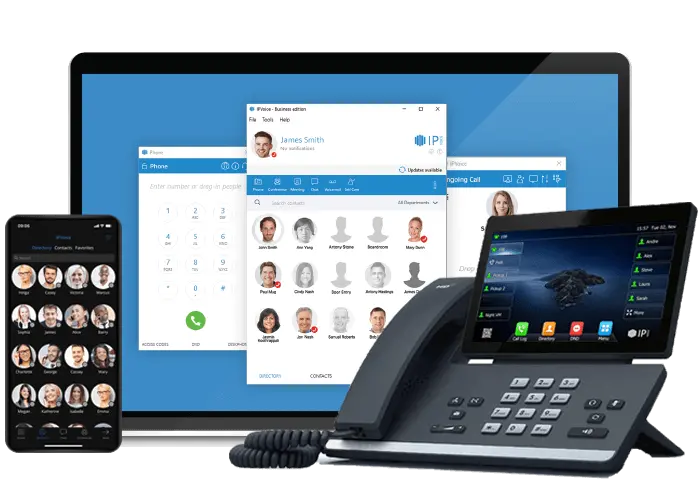 Business communication devices including phones and tablets for connectivity.