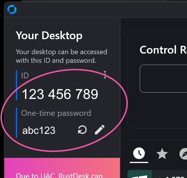 Secure desktop access with ID and password for remote support.