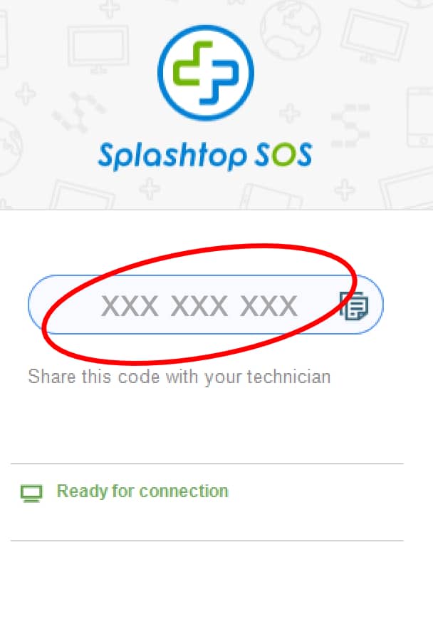Splashtop SOS remote support code displayed on screen for remote assistance.