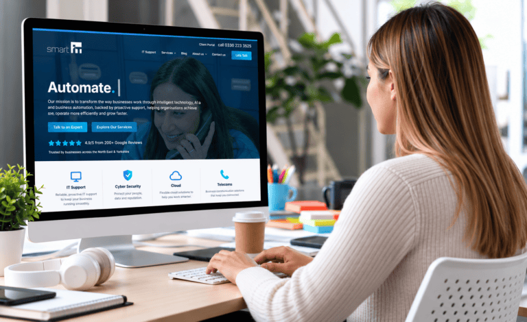 Woman working on website development for Smart IT group on desktop monitor.